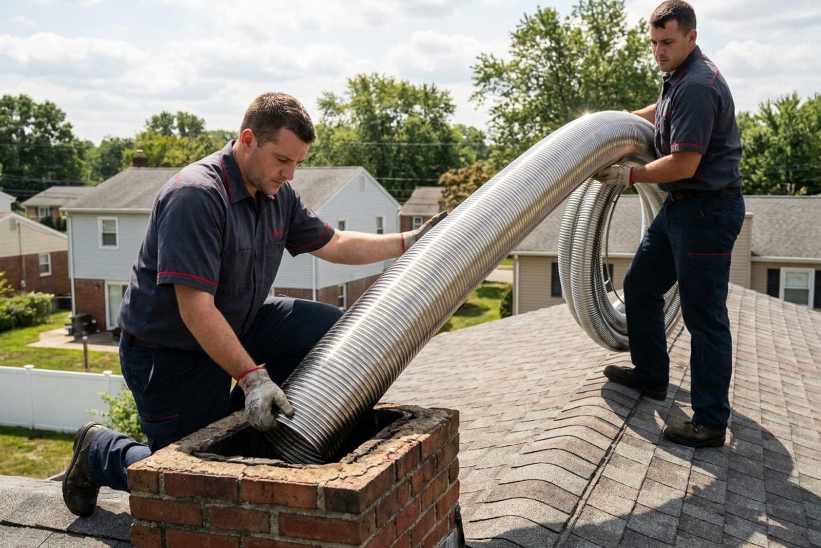 Chimney Relining in New Jersey — stainless steel chimney liner being installed