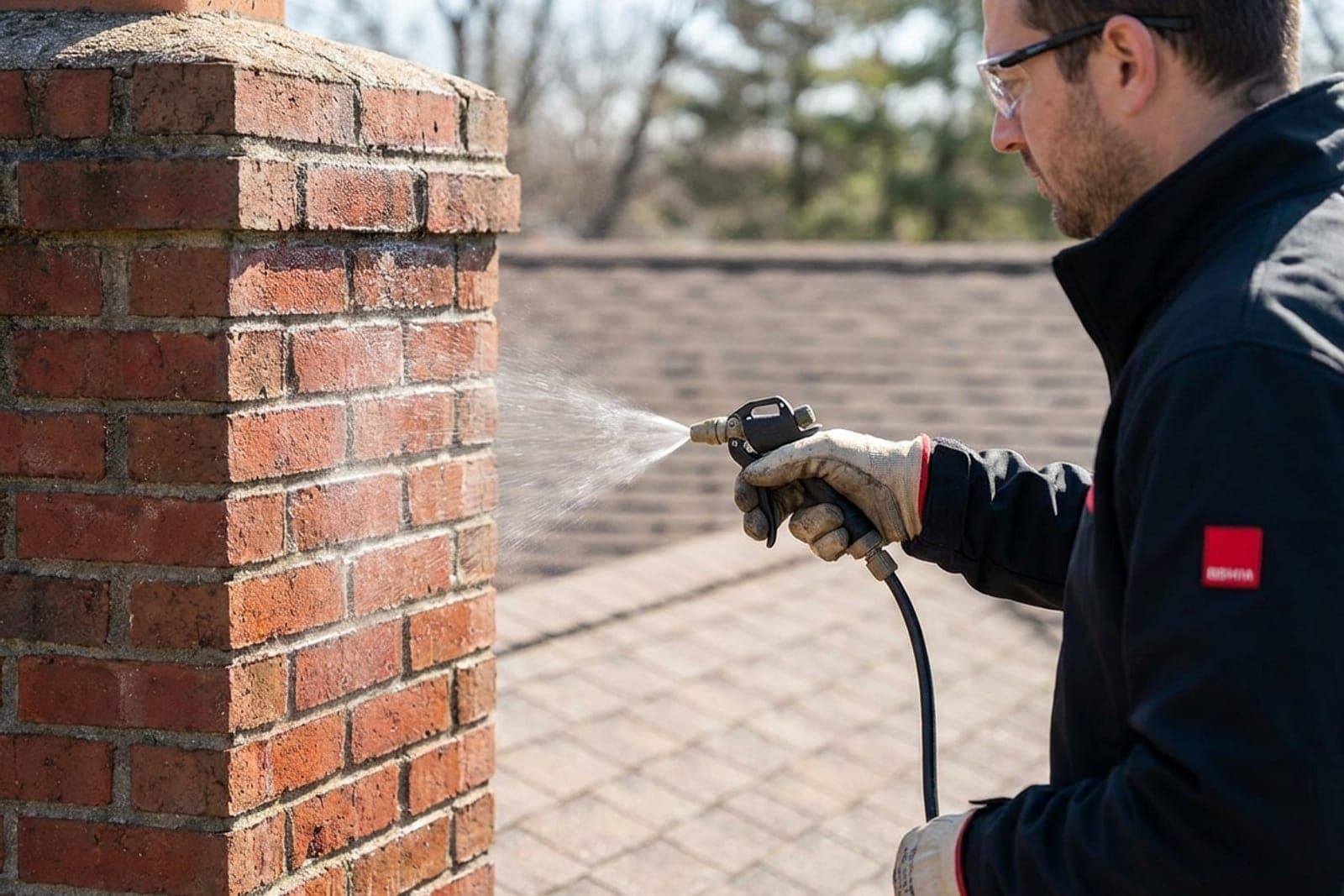 Chimney Waterproofing in New Jersey — chimney waterproofing being applied to brickwork